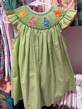 mine Green Gingham Dress with Multicolor Seahorse Embroidery